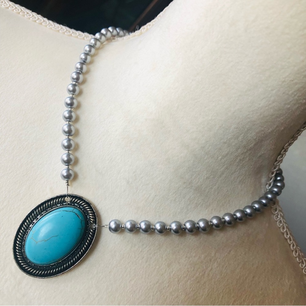 Handcrafted repurpose oval turquenite stone pendant Czech glass Pearl necklace
